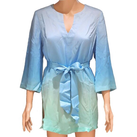 NEW Badgley Mischka Women Mulberry Silk Aqua Washable Ombre Tunic Pull Over Tie